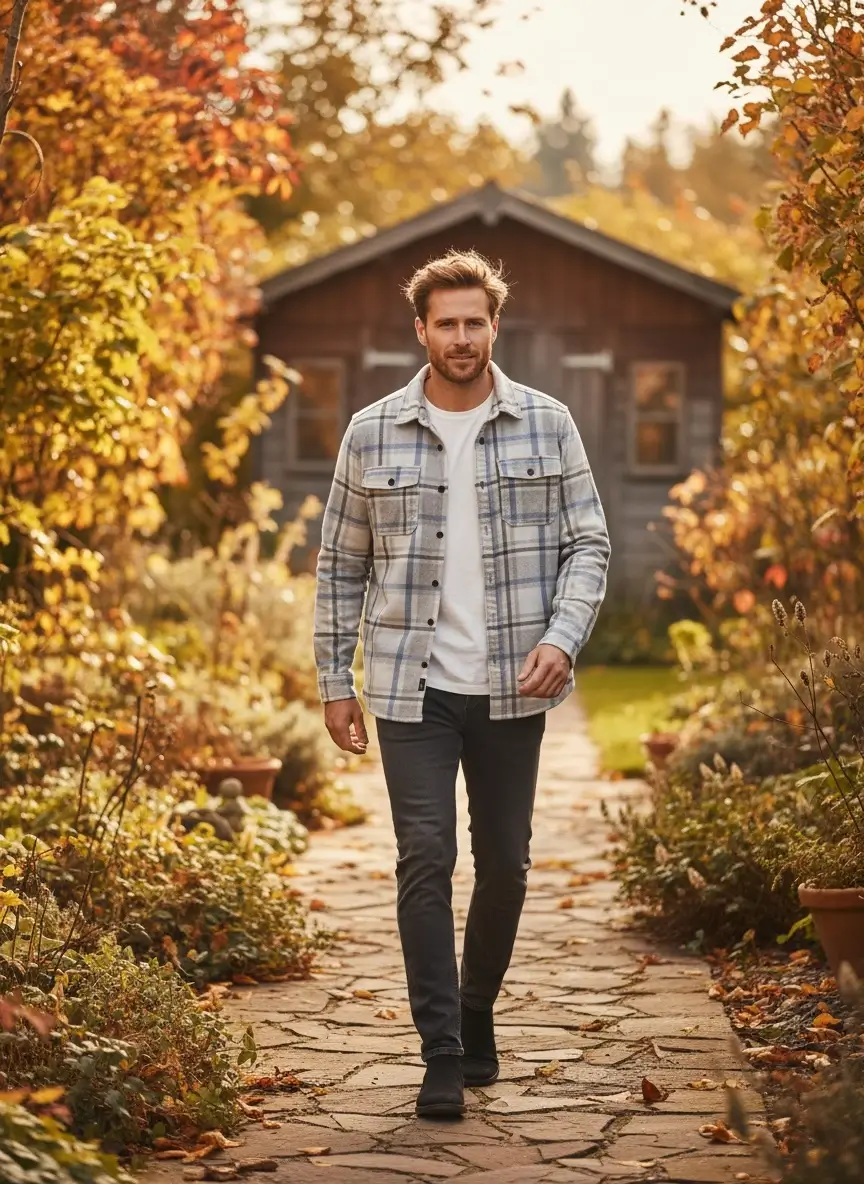 Autumn scene model walking in shirt