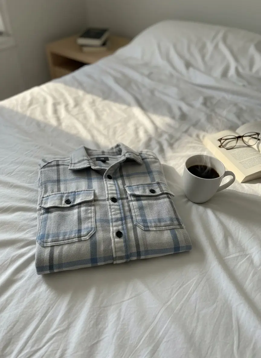 Checkered shirt in bedroom lifestyle scene